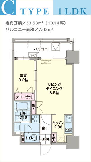 C TYPE、1LDK、専有面積／33.53m2（10.14坪）、バルコニー面積／7.03m2