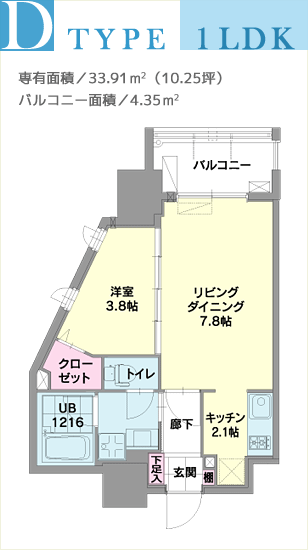 D TYPE、1LDK、専有面積／33.91m2（10.25坪）、バルコニー面積／4.35m2