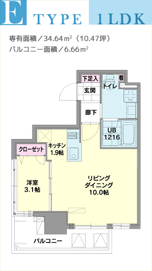 E TYPE、1LDK、専有面積／34.64m2（10.47坪）、バルコニー面積／6.66m2