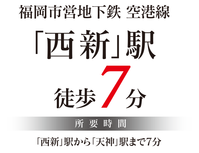 福岡市営地下鉄空港線「西新」駅徒歩7分、所要時間「西新」駅から「天神」駅まで7分