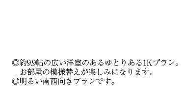 ◎約9.9帖の広い洋室のあるゆとりある1Kプラン。お部屋の模様替えが楽しみになります。◎明るい南西向きプランです。