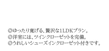 ゆったり寛げる、贅沢な1LDKプラン。洋室には、ツインクローゼットを完備。うれしいシューズインクローゼット付きです。