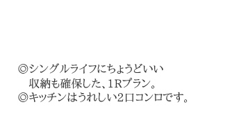 シングルライフにちょうどいい収納も確保した、1Rプラン。キッチンはうれしい2口コンロです。