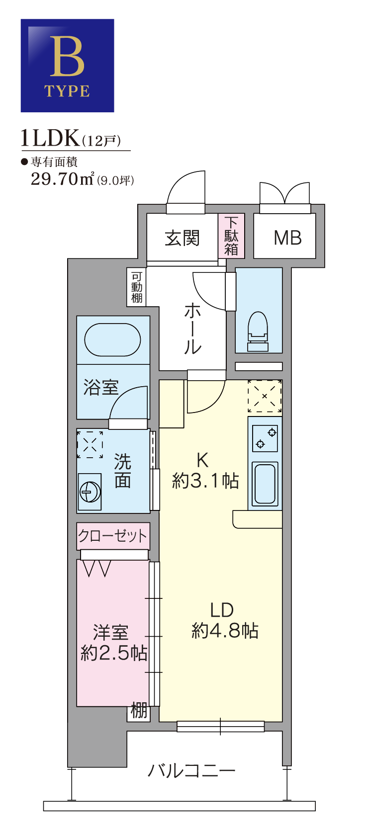 B type：1LDK（12戸）●専有面積29.70平方メートル（9.0坪）