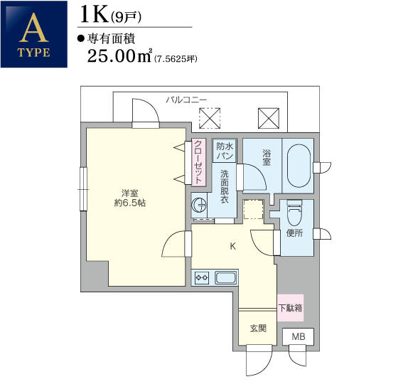 【Atype】1K（9戸）、専有面積：25.00平方メートル（7.5625坪）