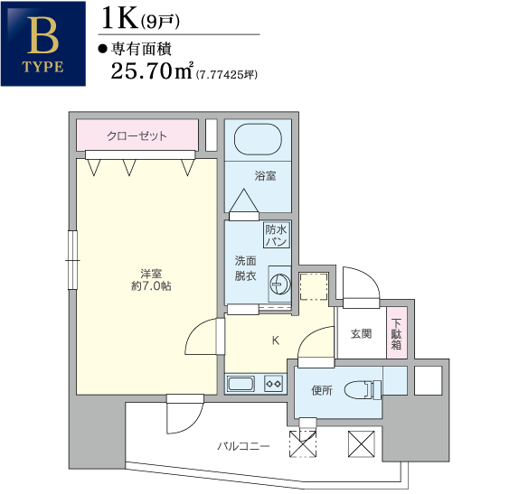 【Btype】1K（9戸）、専有面積：25.70平方メートル（7.77425坪）