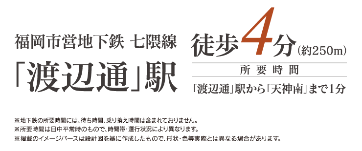 福岡市営地下鉄 七隈線「渡辺通」駅徒歩4分（約250m）、所要時間：「渡辺通」駅から「天神南」まで1分