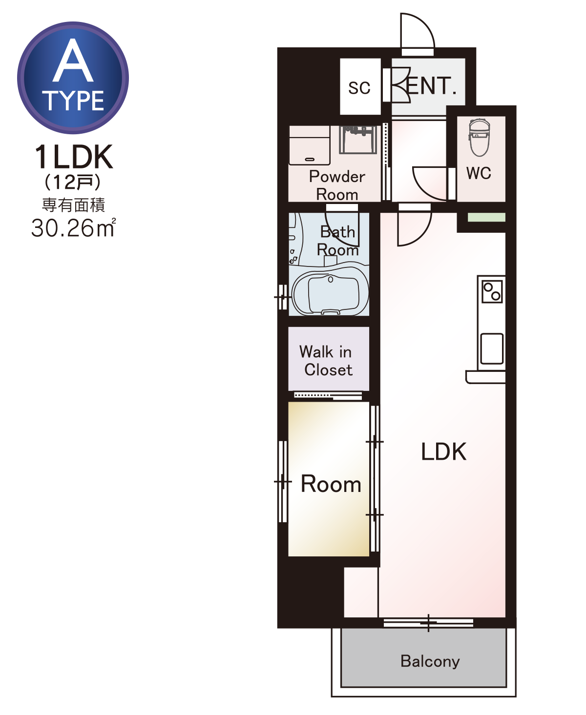 TYPE A：1LDK（12戸）、専有面積：30.26㎡