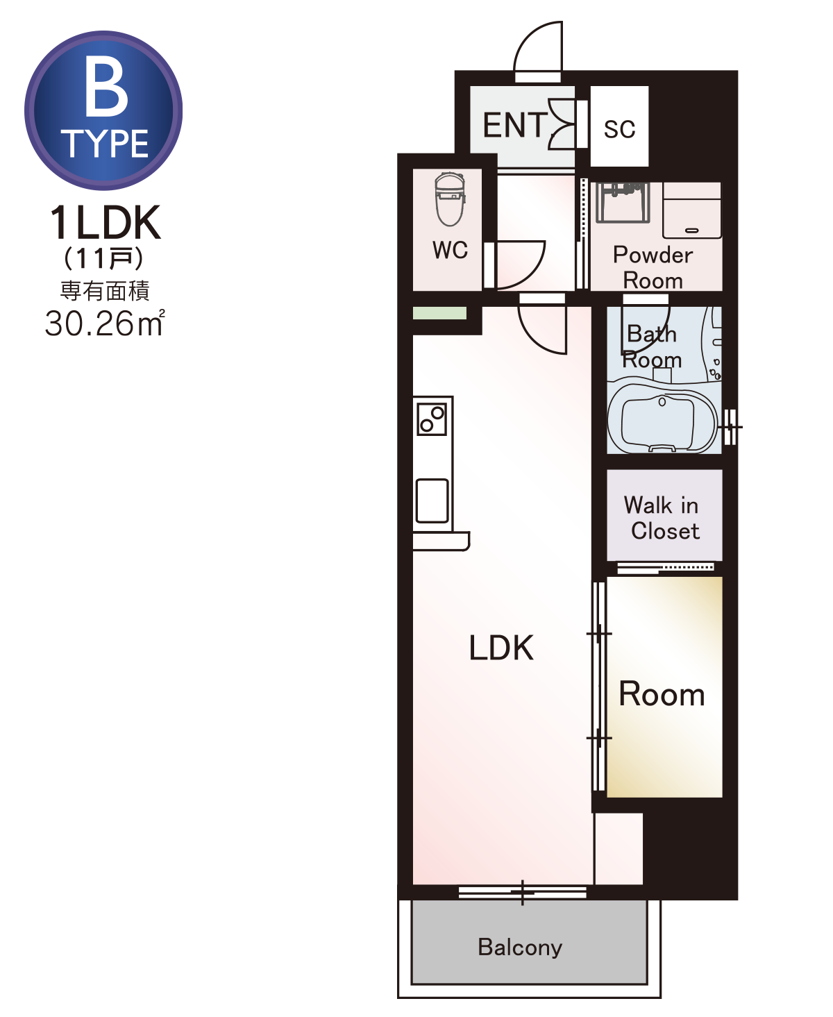 TYPE B：1LDK（11戸）、専有面積：30.26㎡