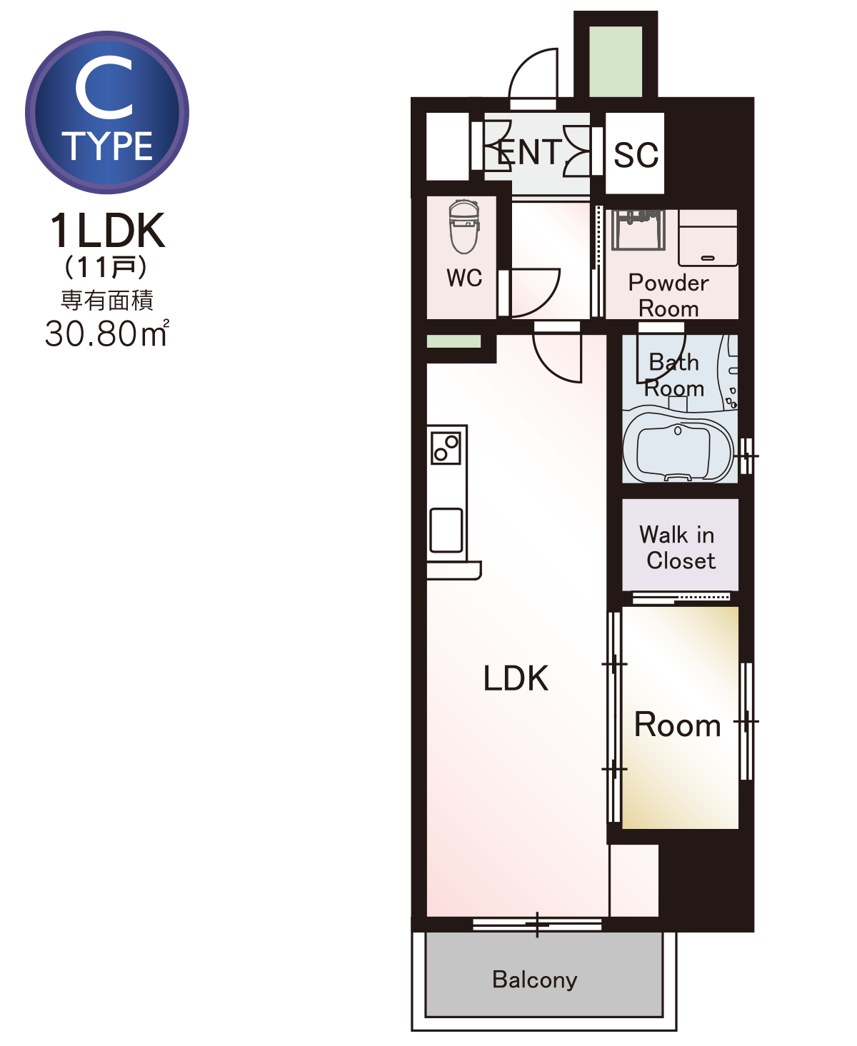 TYPE C：1LDK（11戸）、専有面積：30.08㎡